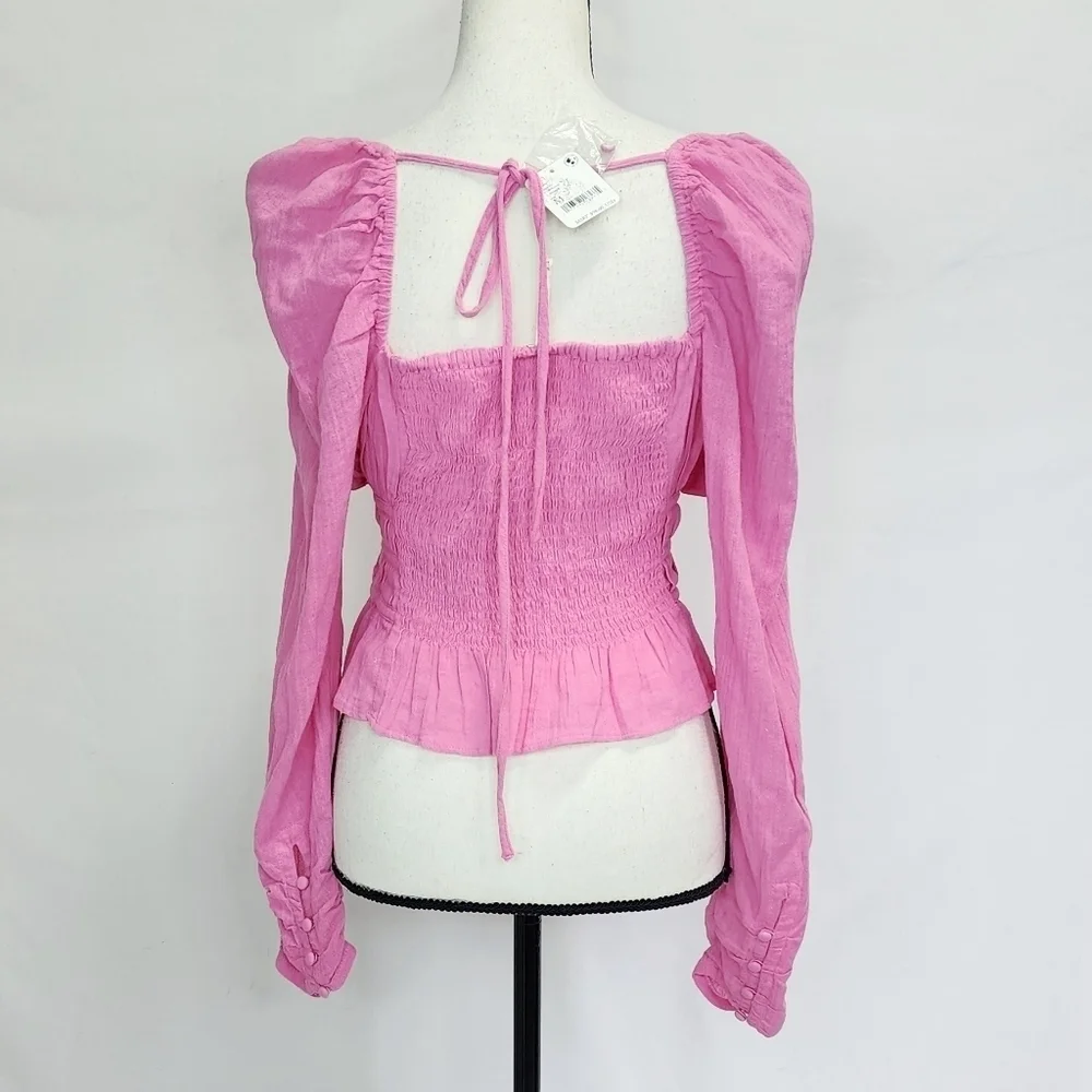 Free People Smocked Sweetheart Neck Long Puff Sleeve Peplum Top